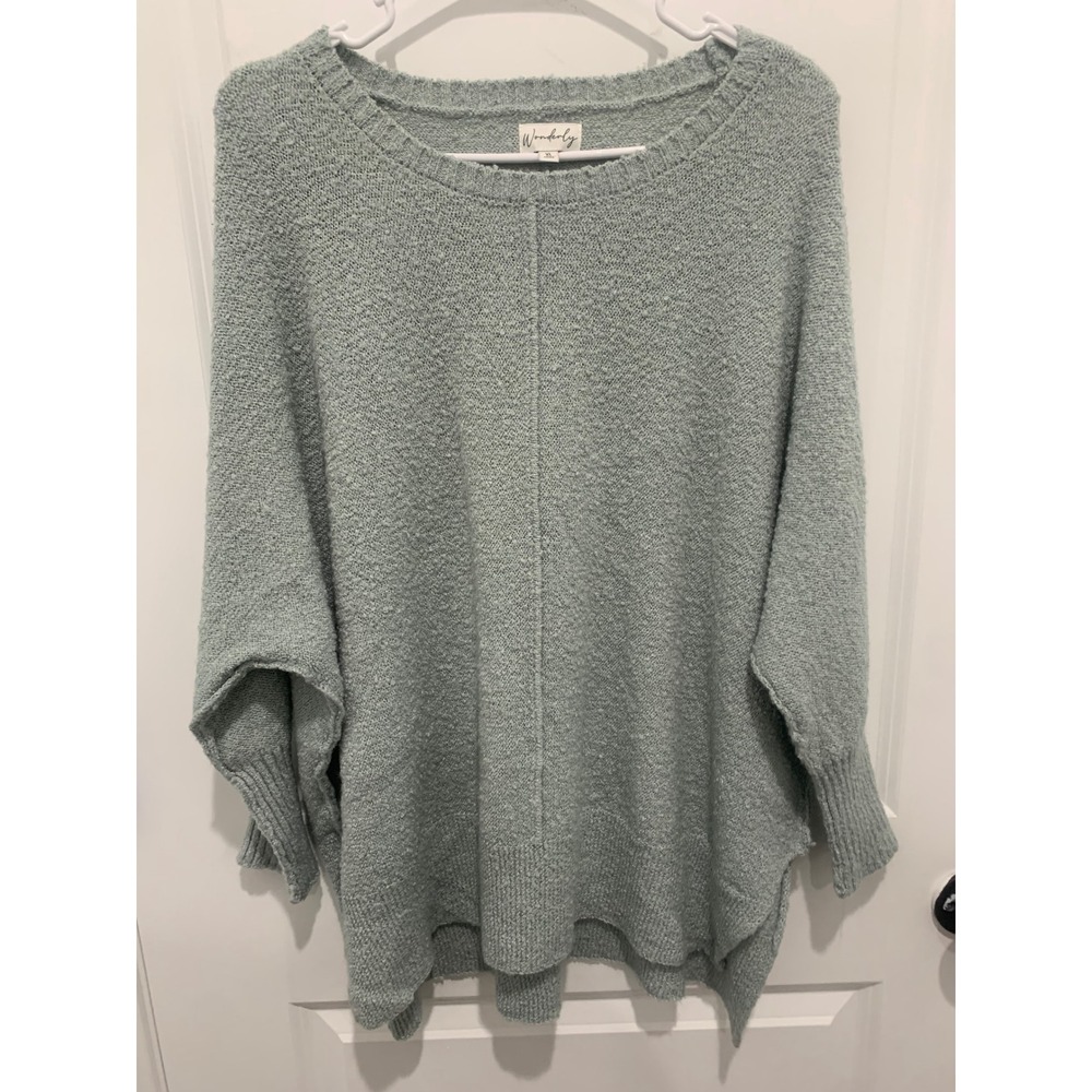 Wonderly Sage Green Boucle Knit Oversized Batwing Sweater XL